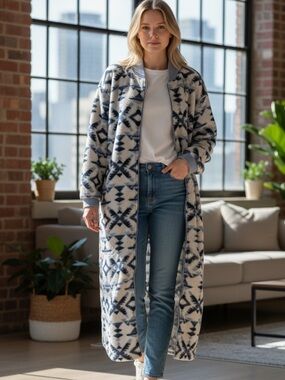 Vintage Adonna Sleepwear Women’s Oversized Blue Aztec Patterned Fleece Mumu - L